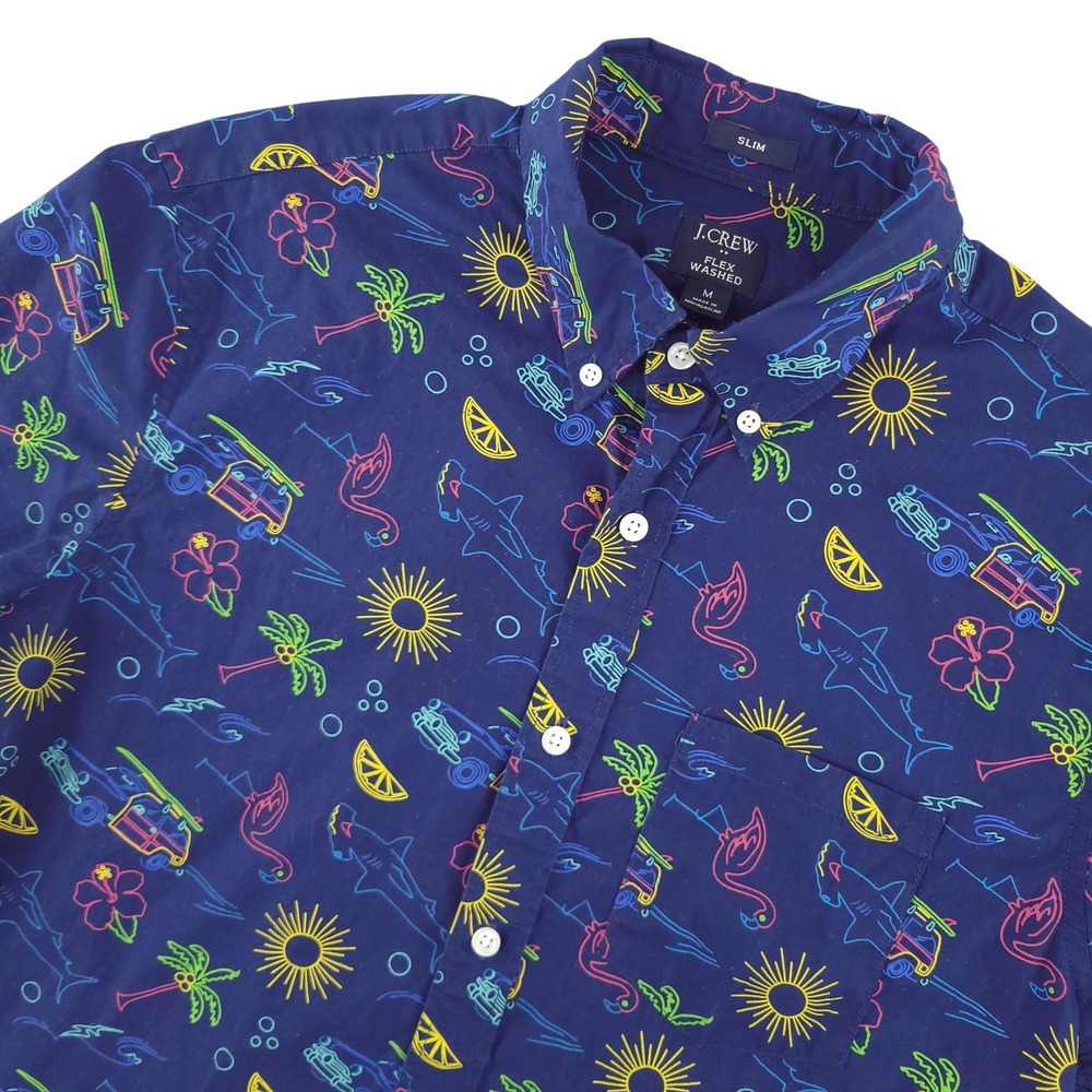 J.Crew Shirt Mens M Blue Tropical Graphic Short Sleeve Button Down Slim Fit